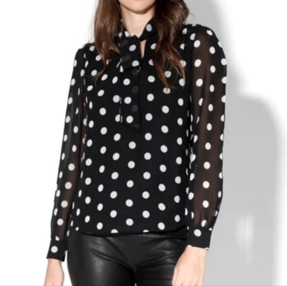 Walter Baker Duchess Tie Neck Polka Dot Blouse Sheer Sleeves Black/ White M